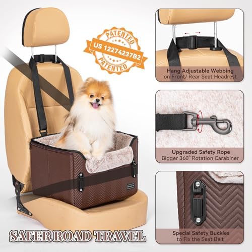 PETSFIT Car Seat for Dogs, Waterproof PU Leather Dog Car Seat for Small Dogs with Patent Safe Buckles, Clip-On Leash, Pet Travel Carrier Bed for Small Pets Up to 25lbs (Brown) - Image 3