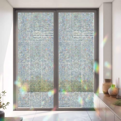 Window Privacy Film Static Cling, Blue Modern Striped Decorative Stained Glass Window Film for French Doors/Wide Windows/Statement Glass Panels, Grid Line Blocks Farmhouse 35.4 x 78.7 Inches - Image 3
