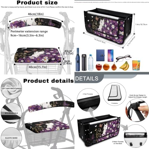 LedBack Universal Walker Accessories White Cat Purple Daisy Walker Seat Covers and Backrest Covers Durable Large Capacity Storage Basket for Wheelchair - Image 6