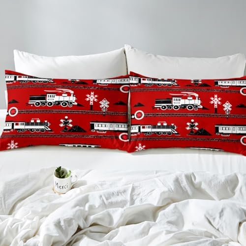 Erosebridal Boys Train Queen Bed Sheets Cartoon Car Toddler Bedding Set, Traffic Transportation Track Fitted Sheet for Kids Vintage Steam Engine Railway Decor Sheets Room 3Pcs, Red White Black - Image 4