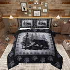 Rustic Bear Kids Comforter Set Toddler Size,Wild Animal Pine Trees Retro Bedding Set for Boys Men,Grid Plaid Hunt Cabin Decor Quilt Set Bear Paw Print Polyester Duvet Set with 1 Pillowcase, Gray by CastleFairy