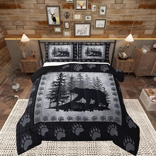 Rustic Bear Kids Comforter Set Toddler Size,Wild Animal Pine Trees Retro Bedding Set for Boys Men,Grid Plaid Hunt Cabin Decor Quilt Set Bear Paw Print Polyester Duvet Set with 1 Pillowcase, Gray by CastleFairy