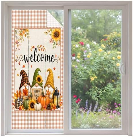 Window Privacy Film Frosted, Thanksgiving Gnomes Non-Adhesive Static Cling Window Tint, Fall Orange White Pumpkin Maple Leaf Insulated Windows Frosted Films for Living Room, 35.4 x 78.7 Inches by Unknown