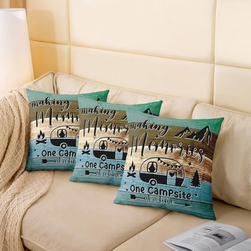 Feelyou Kids Camper Throw Pillow Covers 16"x16" Set of 4 Happy Camping Cushion Case Gifts for RV Owners Vintage Wooden Planks Decorative Pillow Case Rustic Farmhouse Style Outdoor Pillows Covers - Image 5