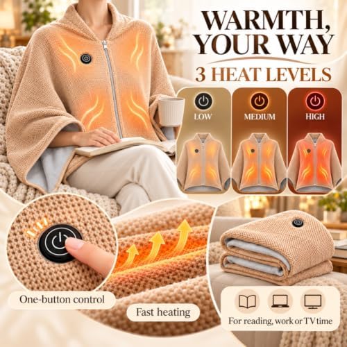 Wearable Heated Blanket with Zipper, Heated Shawl Wrap for Women - Image 3