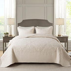 NEWLAKE Quilt Bedspread Set, Beige Jacquard Embossed Floral Pattern Reversible Embroidered Microfiber Coverlet Sets, Queen Size by NEWLAKE