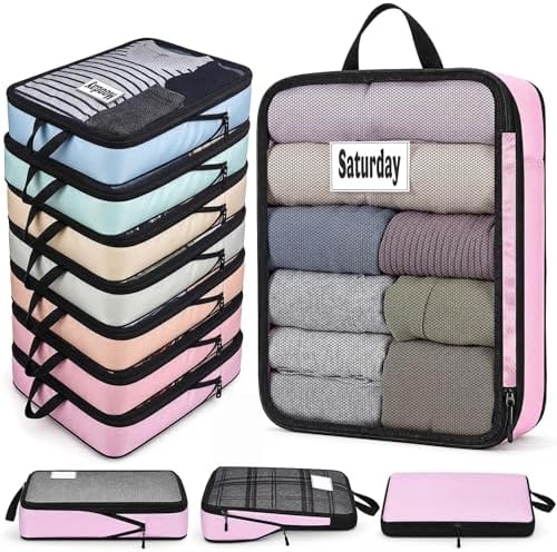 7 Pcs Packing Cubes for Travel Days of Week, Pastel, L by Bulyoou