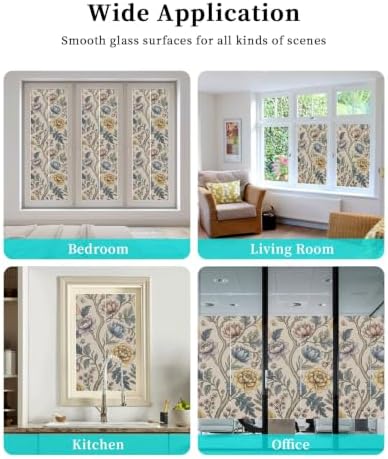 Window Privacy Film Frosted, Vintage Garden Flower Non-Adhesive Static Cling Window Tint, Rustic Floral Leaf Pastoral Beige Insulated Windows Frosted Films for Living Room, 35.4 x 78.7 Inches - Image 7