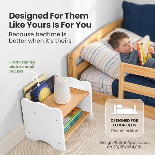 Ocodile The Original Kids Nightstand for Floor Beds, Solid Wood Small Bedside Table with Book Pocket, Low Tiny Nightstand for Nursery, Toddler & Kids Room, Montessori Style Side Table - White - Image 3