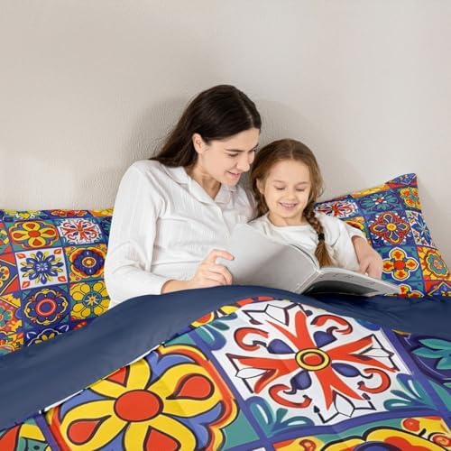 Erosebridal Mexican Talavera Tile Twin Comforter Set - Colorful Mexico Tiles Bedding Set, Vintage Floral Patchwork Quilt for Kids Adults, Exotic Ethnic Aesthetic Bedroom Decor -1 Pillowcase - Image 6