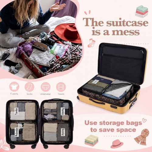 7 Pcs Packing Cubes for Travel Days of Week, Black Brown, L - Image 4