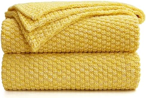 Longhui bedding 100% Cotton Knitted Throw Blanket – Yellow, Soft & Cozy, Machine Washable, 60"x80" – Perfect for Living Room, Couch, Sofa, Bed or Travel by LongHuiBedding