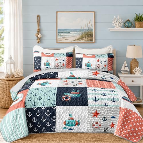 HOSIMA Nautical Patchwork Quilt Twin,Coastal Bedspread with 2 Pillowcases. by HOSIMA