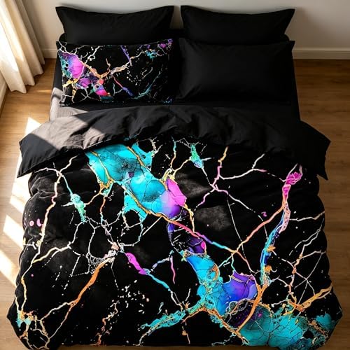 CCoutueChen Black Marble Comforter Set Full Size, Blue Tie Dye Bedding Set with Abstract River Texture, 3 Pieces 79"x90" - Image 4