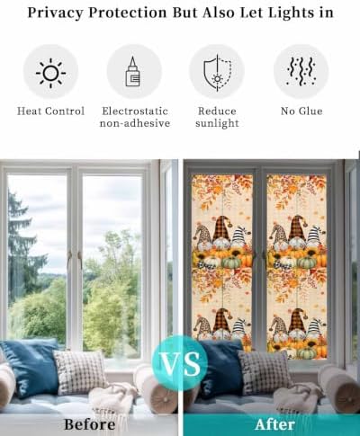 Window Privacy Film Frosted, Thanksgiving Fall Reusable Static Cling Window Tints, Gnomes Pumpkin Flower Maple Leaf Plaid Heat Control Windows Films for Offices, Balcony, 29.5 x 118 Inches - Image 6