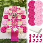 Beeveer Picnic Kit Fit for 8 People 71 x 118'' Extra Large Outdoor Picnic Blanket with Rose Red Table Runner Napkins Pink Floor Pillows Cushions for Wedding Birthday Baby Shower Backyard Decor by Beeveer