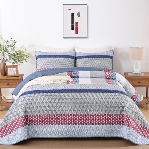 WONGS BEDDING Boho Quilt King Size, Patchwork Bedding Set, Blue Red - Image 2