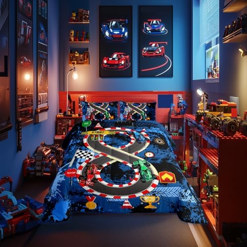 Racing Car Boys Bedding Comforter Sets Toddler,Teens Cartoon Extreme Sports Race Car Bedding Set for Bedroom Decoration,Retro Wheel Print Graffiti Racing Competition Kids Quilt Comforter Bedroom Decor by CastleFairy