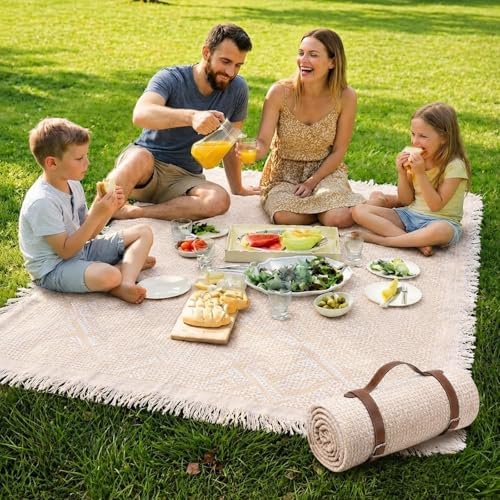 White Picnic Blanket, Oversized 71'' x 71'' Cotton Polyester Boho Beach Blanket, Lightweight Outdoor Mat, Machine Washable for Park, Camping & Photoshoot (Khaki) by RCOACE