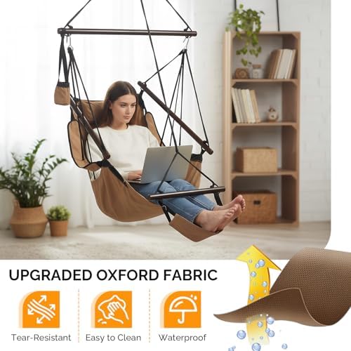 ONCLOUD Upgraded Unique Hammock Sky Chair, Air Deluxe Hanging Swing Seat with Rope Through Beech Wood Bar Safer Relax with Drink Holder & Fuller Pillow for Indoor Outdoor Patio Yard 250LBS (Tan) - Image 3