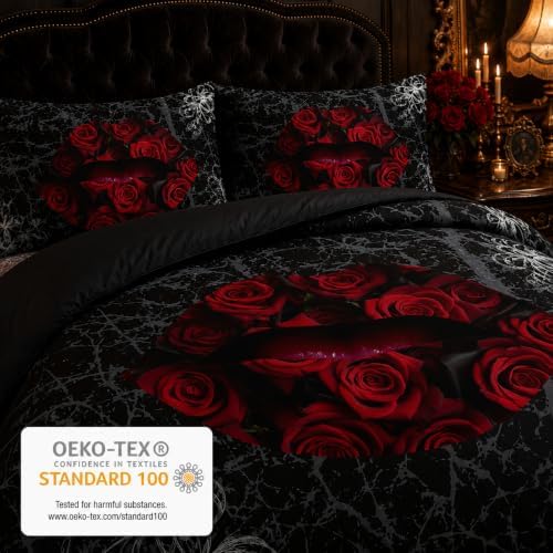 CCoutueChen Gothic Black Rose Bedding Set Full Size, Red Sexy Lip Comforter Set for Girls Women, 3 Pieces Soft Fluffy Microfiber with 2 Pillowcases, 79"x90" - Image 3