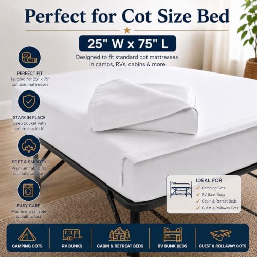 Zipper Cot Fitted Sheet Bundle, 25 x 75 Camping Cot Mattress Sheets, 400 Thread Count 100% Cotton, Includes 1 Wraparound Base, 2 Removable Zipper Top Sheets & 2 Pillowcases, 8 Inch Deep Pocket, White - Image 2
