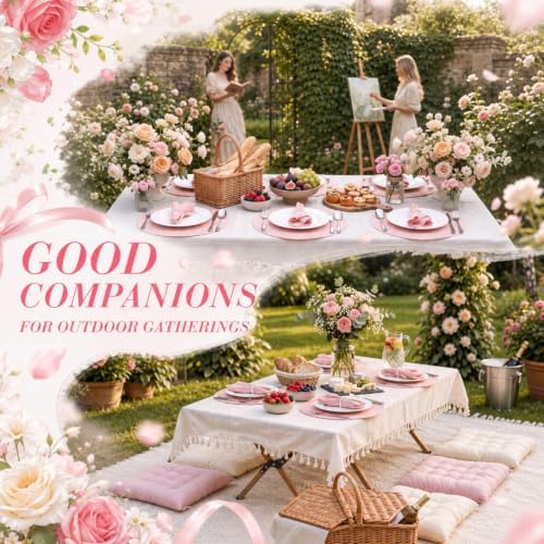 Pink Picnic Kit Folding Table Extra Large Outdoor Boho Blanket Table Runner Napkins Floor Pillow Cushions Napkin Ring Boho Picnic Decoration for Camp Wedding Wedding Birthday - Image 4