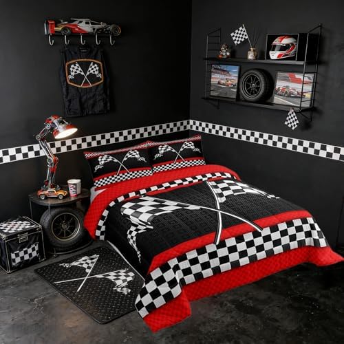 Castle Fairy Race Car Themed Full Size Comforter Set,Black White Checkered Flag Print Bedding Comforters Bedroom Collection,Red Stripes Geometric Grid Plaid Bedding Set for Girls Teens - Image 2