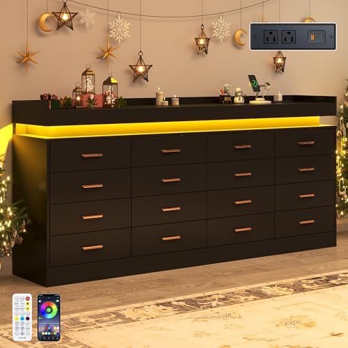 jiteentarou 16 Drawer Dresser with Charging Station and LED Lights, Modern Chest of Drawers with Power Outlet, Organizer Cabinet for Bedroom, Living Room, Entryway, Black - Image 4
