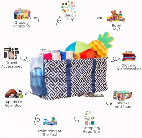 Extra Large Utility Tote Bag - Oversized Collapsible Beach Bag - Geo Navy - Image 3