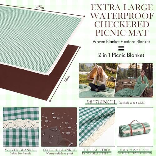 Boao Extra Large Picnic Blanket, 98" x 78" Green Gingham Picnic Blanket Set - Image 2