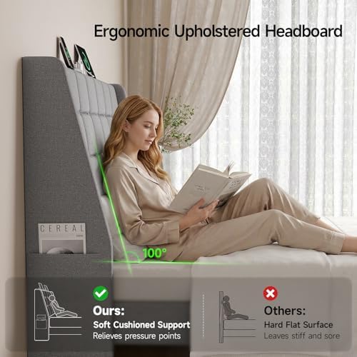 Ergonomic Upholstered Queen Headboard wtih Charging Station, Grey - Image 3