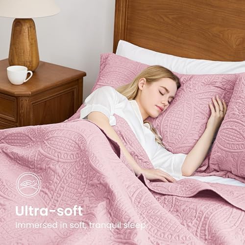 Love's cabin King Size Quilt Set Pink Bedspreads - Soft Bed Summer Lightweight Bedspread Comforter - Modern Style Coin Pattern Coverlet for All Season - 3 Pieces (1 Quilt, 2 Pillow Shams) - Image 5