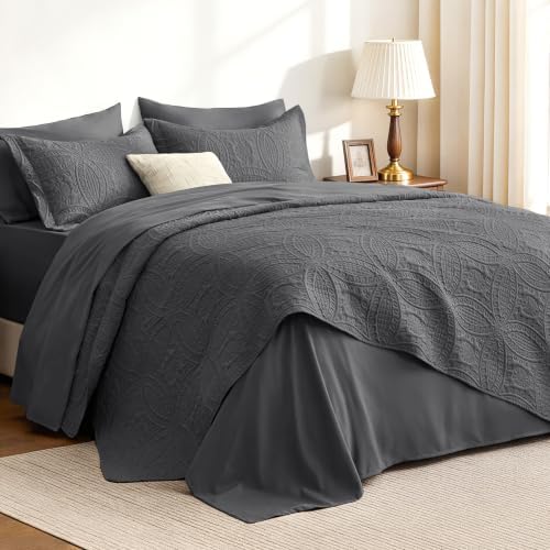 Love's cabin King Size Quilts Bedspreads, 7 Pieces Bed in a Bag, Dark Grey by Lovescabin