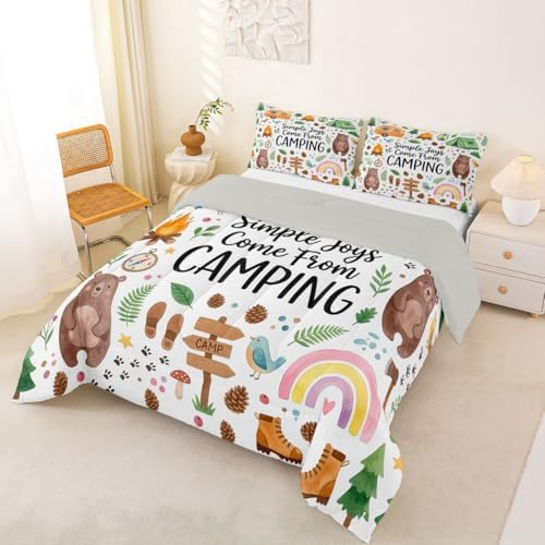 Erosebridal Cute Camping Theme Full Bedding Set for Kids, RV Camper Travel Trailer Bed Comforter Sets for Girls Boys Teen, Forest Themed Bear Quilt Duvet Set, Camping Lovers Gifts Room Decor - Image 5