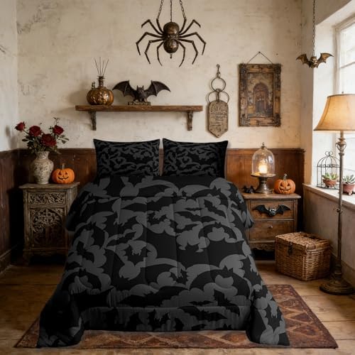 Castle Fairy Halloween Themed Comforter Set King Size,Black Bats Animal Print Bedding Set All Season Quilt Set,Dark Grey Color Microfiber Polyester Down Comforter - Image 3