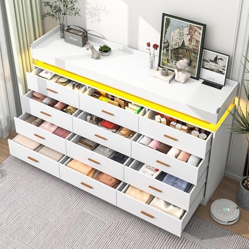 jiteentarou 12 Drawer Dresser with Charging Station and LED Lights, Modern Chest of Drawers with Power Outlet, Organizer Cabinet for Bedroom, Living Room, Entryway, White - Image 4