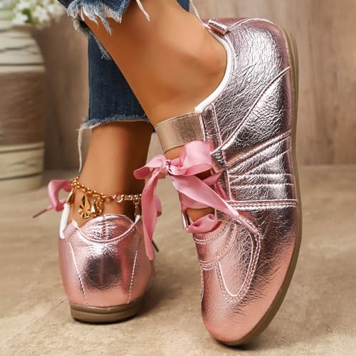 Women's Lace-up Fashion Ballerina Sneakers Dressy Ballet Flats Comfortable Tennis Walking Casual Shoes Fashion Lightweight Workout Athletic Low Top Glossy Round Toe Sports Dance Shoes - Image 4