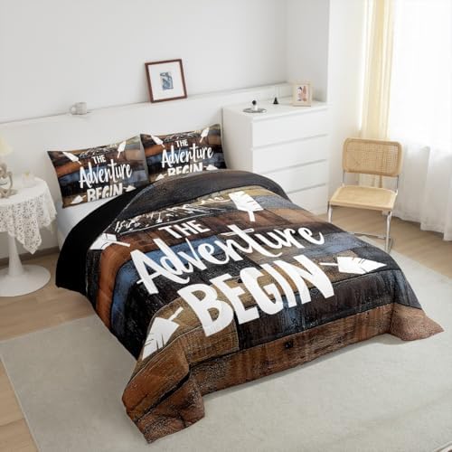 Erosebridal Rustic Farmhouse Comforter Set for Cabin Camper King Bedding Set for Rv Bunks,Happy Camping Quilt Comforter for Kids Boys Adults Men,Retro Grunge Brown Rusty Planks Duvet Insert 3 Pcs - Image 5