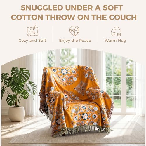 LUTBM Boho Throw Blanket for Bed 60"x80", 100% Cotton Yellow Couch Blankets - Image 4