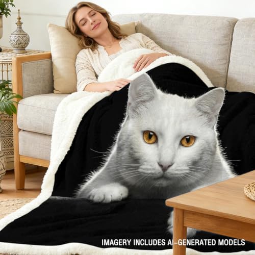 White Cat Sherpa Blanket Animal Print Throw Blanket for Women and Men Soft Warm Cozy 60x80 Inches Cute Minimal Design Bedroom Couch Decor Gift for Birthday Housewarming Anniversary - Image 2