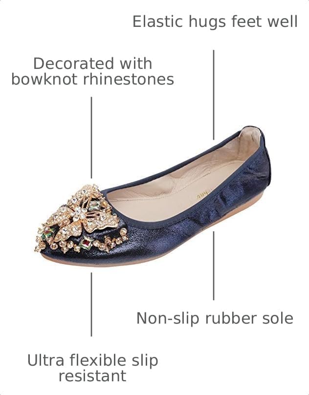 VYKF Womens Ballet Flats Foldable Rhinestone Pointed Toe Wedding Shoes Comfortable Slip on Flat Shoe - Image 3