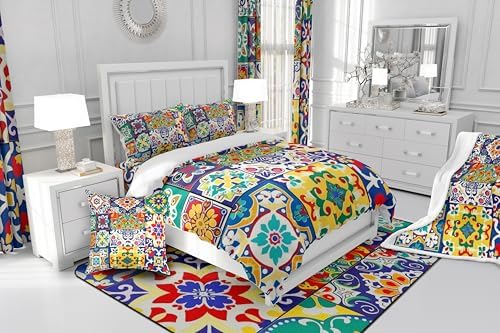 Erosebridal Colorful Mexican Style Toddler Bedding Set,Retro Talavera Tile Comforter Set for Kids Room Decor,Exotic Ethnic Boho Quilt Bed Set Patchwork Floral Print Down Comforter 2Pcs - Image 6
