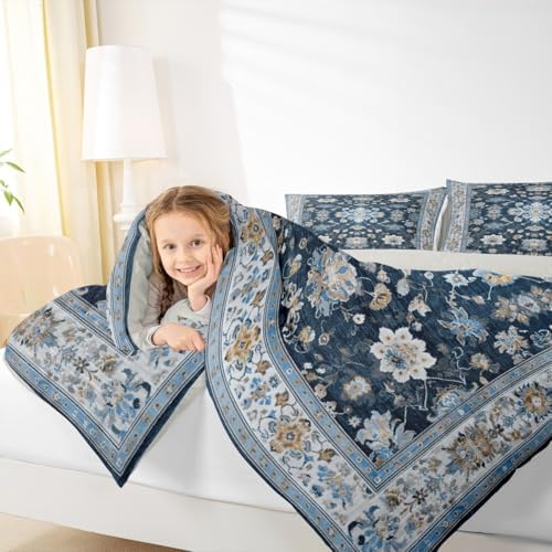 Erosebridal Navy Blue Floral Full Comforter Set - Vintage Flower Boho Bedding Set for Kids Adults | Farmhouse Cottage Flowers Quilt | Retro Aesthetic Bedroom Decor with 2 Pillowcases - Image 4