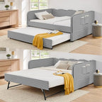 3 in 1 Full Daybed with Pop Up Trundle, Convertible Gingham Upholstered Sofa Bed with Side Storage Pockets, Extendable Guest Bed Frame for Teens Adults Bedroom Living Room, Black by KrenzhHome