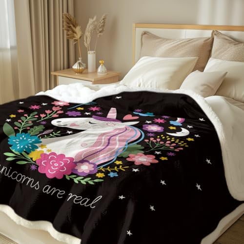 Sleepwish Unicorn Blanket Unicorn Throw Blankets for Girls Cute Unicorn Fleece Blanket for Women Unicorn Flower Fluffy Blanket Black Pink Sherpa Plush Blanket Throw for Kids Childrens Gifts (50"x60") - Image 2