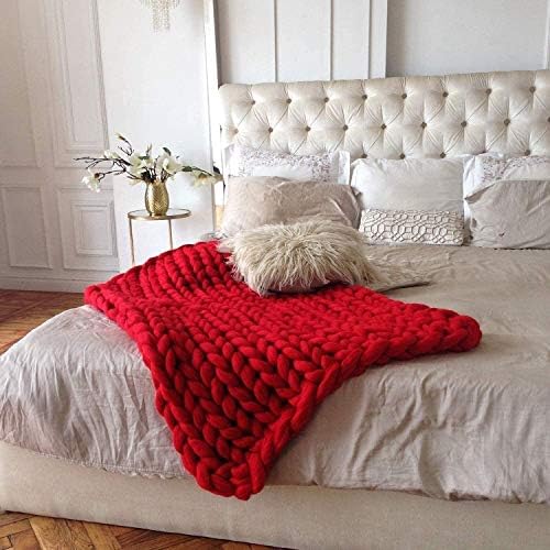 Chunky Knit Throw Blanket Chenille Yarn Soft Cozy Bulky Knitted Blanket for Sofa Bed Chair Large Hand Made Boho Home Decor Red 32x32 - Image 3