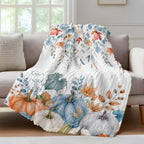 Fall Blue Pumpkins Throw Blanket, Thanksgiving Fluffy Soft Blankets for Couch Bed Travel, Autumn Orange Maple Leaves Plush Microfiber Striped Flannel Blankets, Lightweight Sofa Blankets 50"x60" - Image 2