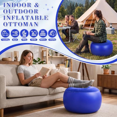 Novabright Inflatable Round Ottoman with Foot Pump Pouf, Navy Blue - Image 6