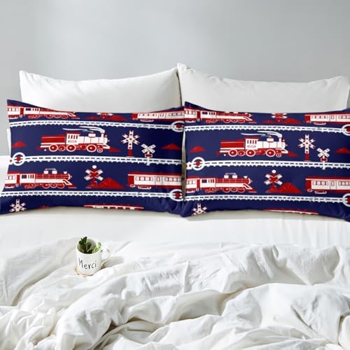 Erosebridal Train Fitted Sheet Cartoon Car Toddler Bedding Set, Traffic Transportation Track Bed Sheets for Kids Teens Vintage Steam Engine Railway Decor Sheets Room Queen 3Pcs, No Flat Sheet - Image 4